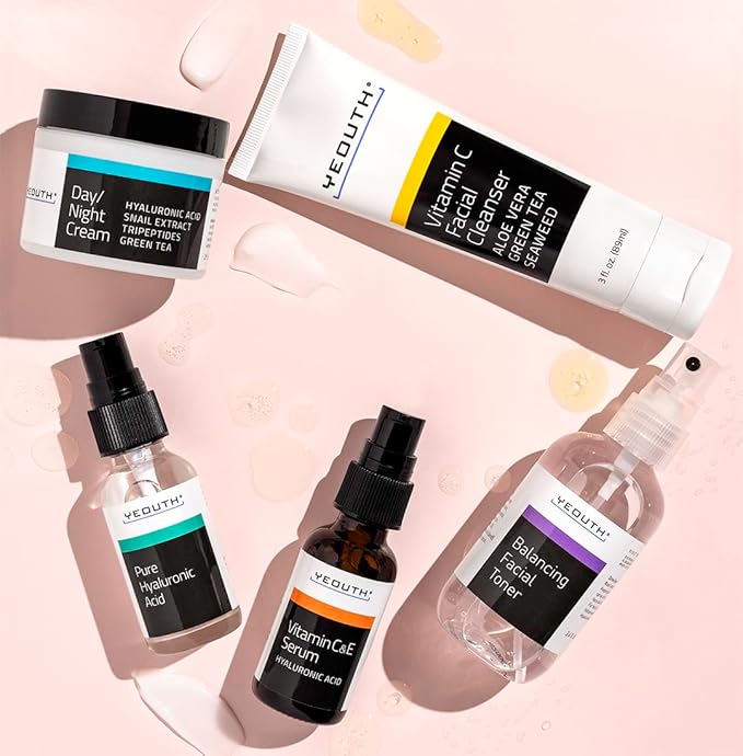YEOUTH Skin Care Set: Hyaluronic Acid Serum for Face, Vitamin C Facial Serum, Face Cleanser, Toner & Cream, Hydrating Skin Care Kit 5-Piece