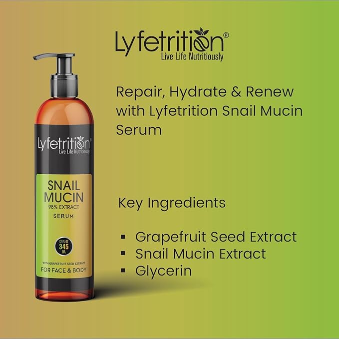 Lyfetrition Snail Mucin 98% Power Repairing Serum with Hyaluronic Acid & Aloe Vera, Skin Repair Serum, Moisturizing Serum Essence for Soothing, Reducing Fine Lines Deep Nourishing (12 Fl Oz)