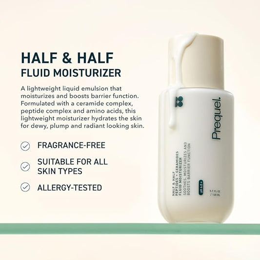 Prequel Skin Half and Half Fluid Moisturizer Face Cream. Lightweight Ceramide Peptide Lotion for All Skin Types, including Dry and Sensitive. Hydrating Facial Cream for Women and Men