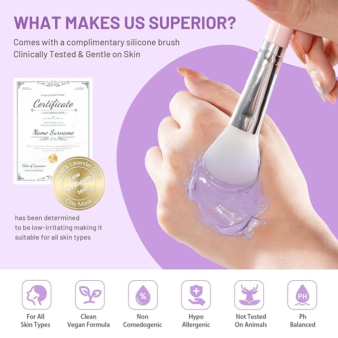Large Clay Mask for Face, Purple Clay Mask for Pore and Blackheads with BHA, HA and Lavender, Kaolin Masks for Exfoliate and Firm with Brush, Aging Skin, 5.3 oz
