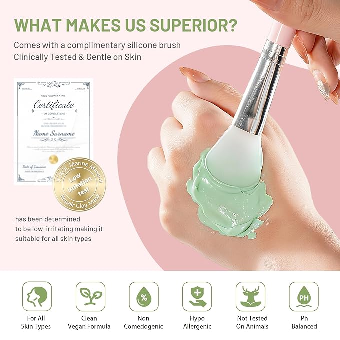 Large Clay Mask for Face, Green Clay Mask for Pore and Blackheads with Marine Mineral & Centella, Acne and Pores Clearing Mud Masks with Brush, Oily Skin, 5.3 oz