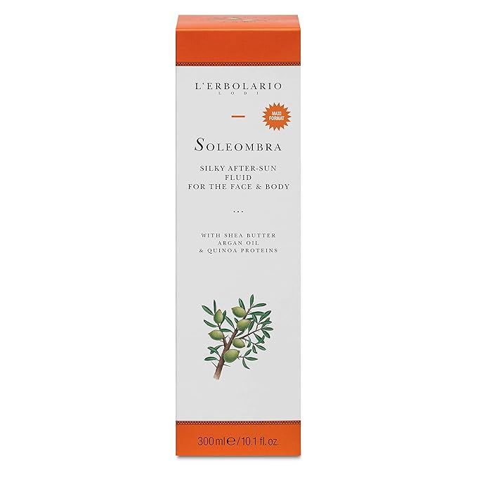 L'Erbolario Soleombra Silky After-Sun Fluid - After Sun Serum - Hydrating Sunburn Relief - Shea Butter, Argan Oil, and Quinoa Proteins - 10.1 oz