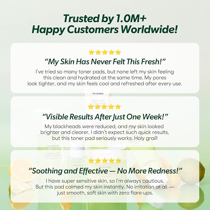 Omitted Fresh Lime Dewy & Pore Purifying Toner Pad - Pore Minimizer & Dead Skin Cells Exfoliator with LHA, Deep Hydration with Triple Hyaluronic Acid, Korean Skin Care, 70 pads, 5.41 fl. oz. (160ml)