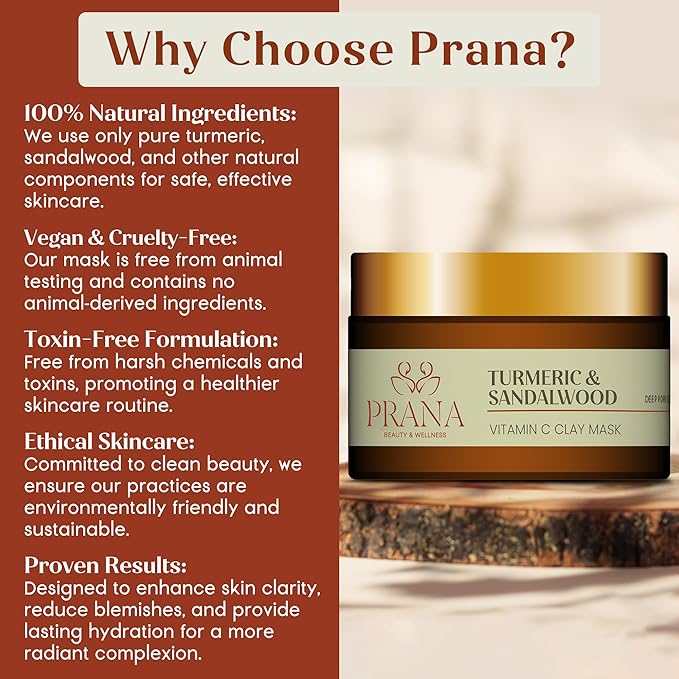 PRANA Sandalwood & Turmeric Face Mask - Natural Cleansing Facial Mask with Ayurvedic Ingredients - Bentonite & Kaolin Clay Mask - Brightening, Hydrating, Anti-Aging - Vegan & Cruelty-Free Mask (60ml)