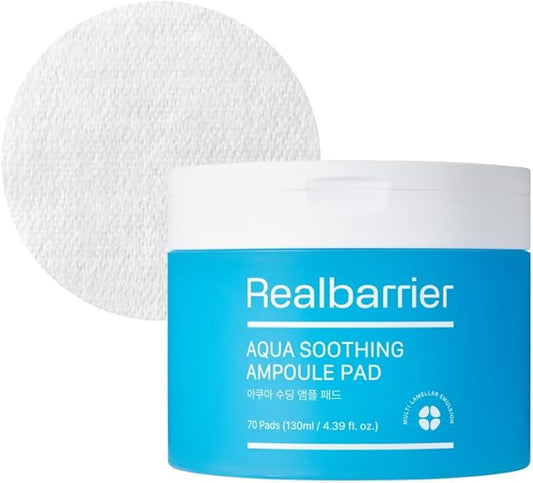Real Barrier Aqua Soothing Ampoule Pad, 70 Pads l Hyaluronic Acid Facial Serum | Redness Relief for Sensitive Skin | Facial Moisturizer for Dry Skin| Calming Chamomile Extract| Korean Skincare