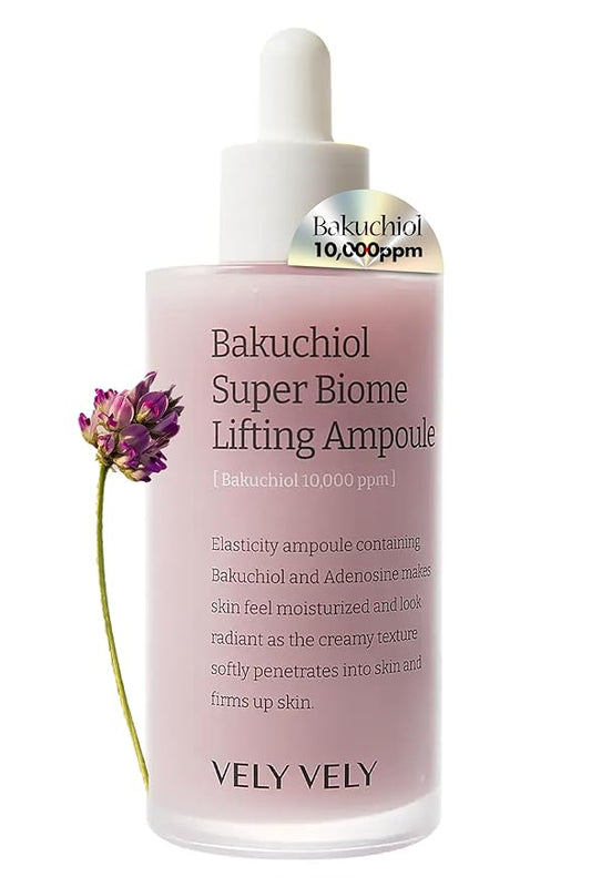VELY VELY Bakuchiol Super Biome Lifting Ampoule Serum - Age-Defying Hydrating Firming Pore Serum Ampoule Korean Skin Care - Hypoallergenic Bakuchiol Oil Face Moisturizer w/Niacinamide (3.38 fl oz)