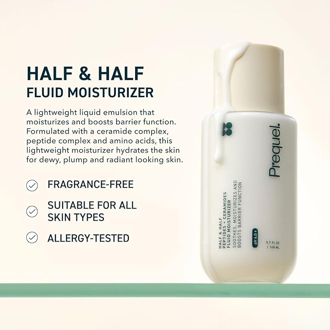 Prequel Skin Half and Half Fluid Moisturizer Face Cream. Lightweight Ceramide Peptide Lotion for All Skin Types, including Dry and Sensitive. Hydrating Facial Cream for Women and Men