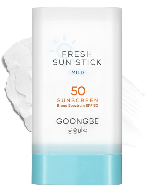 GOONGBE Fresh Sun Stick Mild SPF 50 - No White Cast Zinc Oxide Mineral Sunscreen Stick Balm - Non Greasy Soft Matte Finish - Travel Friendly for Babies, Kids & Adults - Vegan, Reef-Safe, 0.49oz.