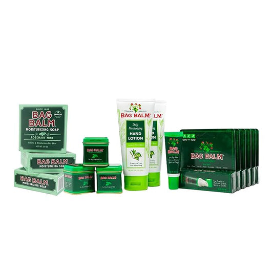 Vermont's Original Bag Balm Family Bundle for Dry and Distressed Skin | Lip Balm, Hand Lotion, Moisturizing Soap and Skin Moisturizer