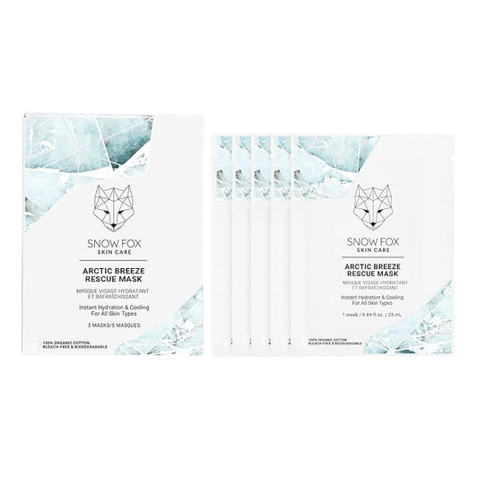 Snow Fox Arctic Breeze Rescue Sheet Mask with Peppermint & Aloe Vera – Cooling Face Mask to Calm & Revitalize Skin and Refresh after Travel – Hydrating Facial Skin Care for all Types – 5 Pack