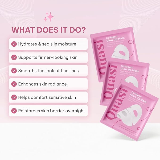 Quasi Bio-Collagen Face Mask Overnight – Hydrating Korean Sheet Mask – Niacinamide & Low Molecular Collagen – Firming & Smoothing Skincare for All Skin Types – 4 Masks