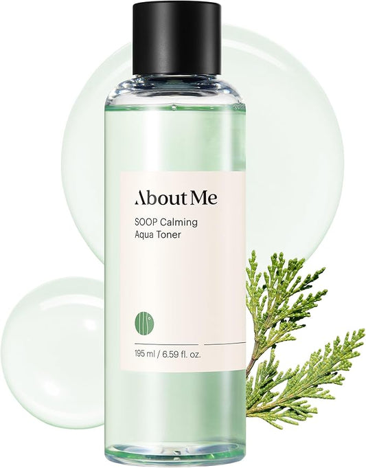 ABOUT ME SOOP Calming Aqua Toner – Korean 90.6% Jeju Cypress Water pH Balancing Toner for All Skin Types – Daily Gentle Exfoliation with Mandelic Acid & Centella – Korean Skin Care – 6.59oz, 195ml