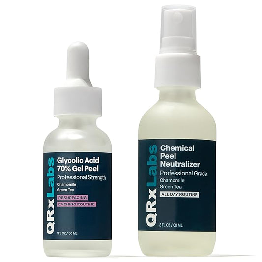 QRxLabs 70% Glycolic Acid Gel Peel & Neutralizer Set - Professional-grade skincare for acne, wrinkles, collagen boost - 1 fl oz & 2 fl oz bottles