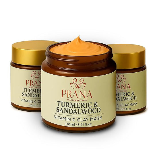 PRANA Sandalwood & Turmeric Face Mask - Natural Cleansing Facial Mask with Ayurvedic Ingredients - Bentonite & Kaolin Clay Mask - Brightening, Hydrating (3.71 Fl Oz (Pack of 3))