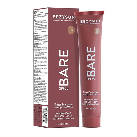 BARE Tinted Sunscreen SPF 50 – Non-Greasy, Water-Resistant, Vegan & Reef-Safe with Hyaluronic Acid & Jojoba Oil – 1.69 fl oz – Deep