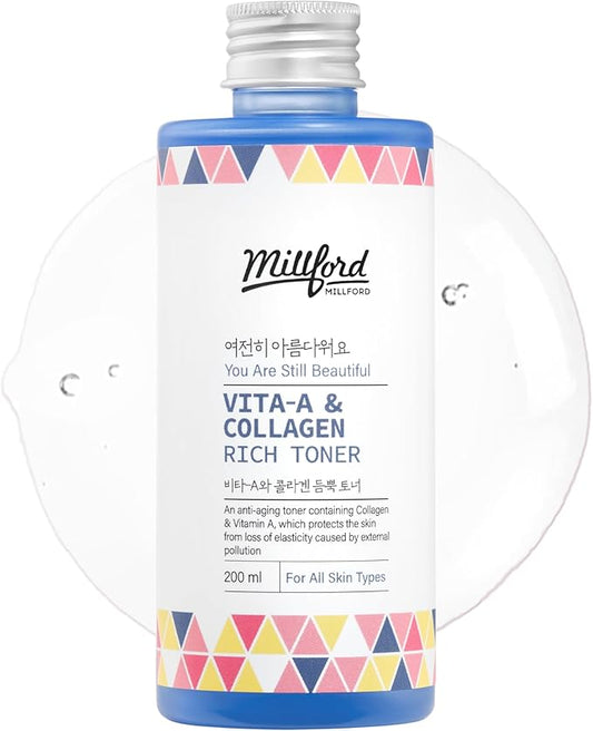 Vita A & Collagen Rich Toner 200ml/6.76 fl.oz - Anti-Aging Retinol Face Toner with Marine Collagen & Panthenol for Fine Lines, Wrinkles, Elasticity & Deep Hydration, Korean Skincare