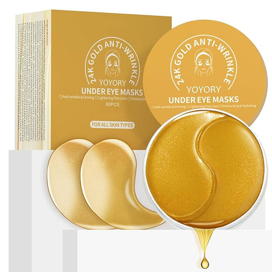Under Eye Patches Masks - 24K Gold Eye Patch for Dark Circles & Puffy Eyesg,Fine Lines,Eye Bags, Wrinkle,Collagen Infused with Hyaluronic Acid, Hydration for Women and Men, (60 Pcs) Gold