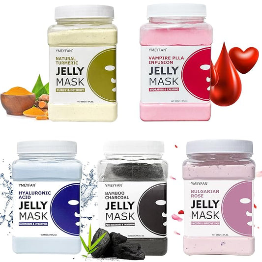YMEYFAN 5 Jar Jelly Mask Powder for Facial Mask Professional Bundle (Turmeric, Vampire, Hyaluronic Acid, Charcoal Powder, Rose Petal)