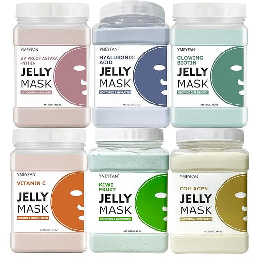 YMEYFAN 6 Jar Jelly Mask Powder for Facial Mask Professional Bundle (Hyaluronic Acid, Kiwi, Collagen, VC, Astaxanthin, Glowing Biotin)