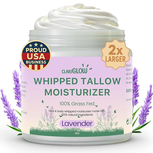 Whipped Beef Tallow Skin Moisturizer - 100% Grass Fed Beef Tallow Face Cream - Natural Lotion Balm Body Moisturizer with Honey & Lavender - 4 oz