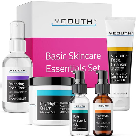 YEOUTH Skin Care Set: Hyaluronic Acid Serum for Face, Vitamin C Facial Serum, Face Cleanser, Toner & Cream, Hydrating Skin Care Kit 5-Piece