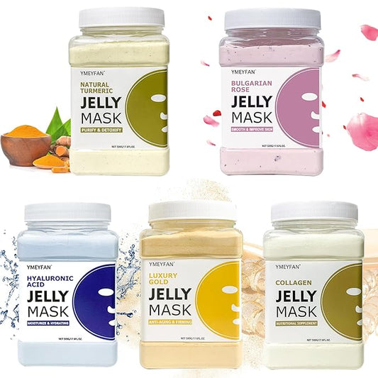 YMEYFAN 5 Jar 500G Jelly Mask Powder for Facial Professional Bundle, Beauty Spa Face Mask Skincare Product Bulk (Turmeric, Bulgarian Rose, Hyaluronic Acid, Gold, Collagen)