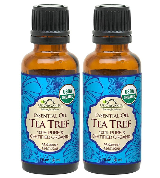 US Organic 100% Pure Tea Tree Essential Oil, Steam Distilled, USDA Certified Organic, for Hair, Skin, Scalp, Foot, Toenails, and Nail Polish - 30 ml, 2 Pack